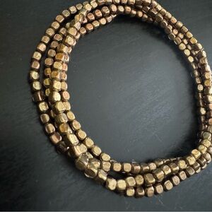 Golden Bronze Metal Cubes Beaded Bracelet Stack of 4 Stretchy Jewelry
